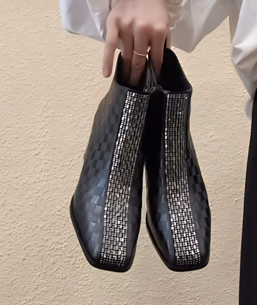 Plaid rhinestone zipper boots