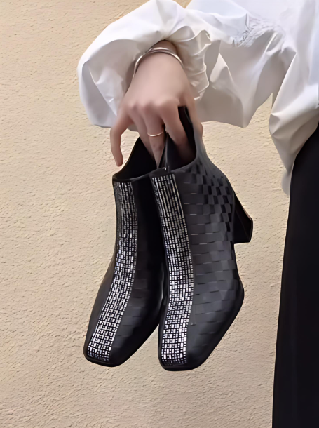 Plaid rhinestone zipper boots