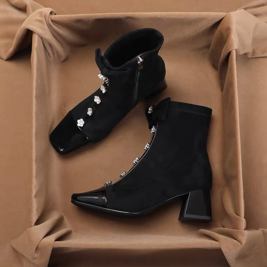 Bowknot rhinestone chunky heel ankle boots