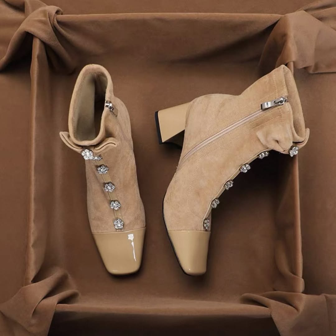 Bowknot rhinestone chunky heel ankle boots