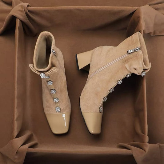 Bowknot rhinestone chunky heel ankle boots