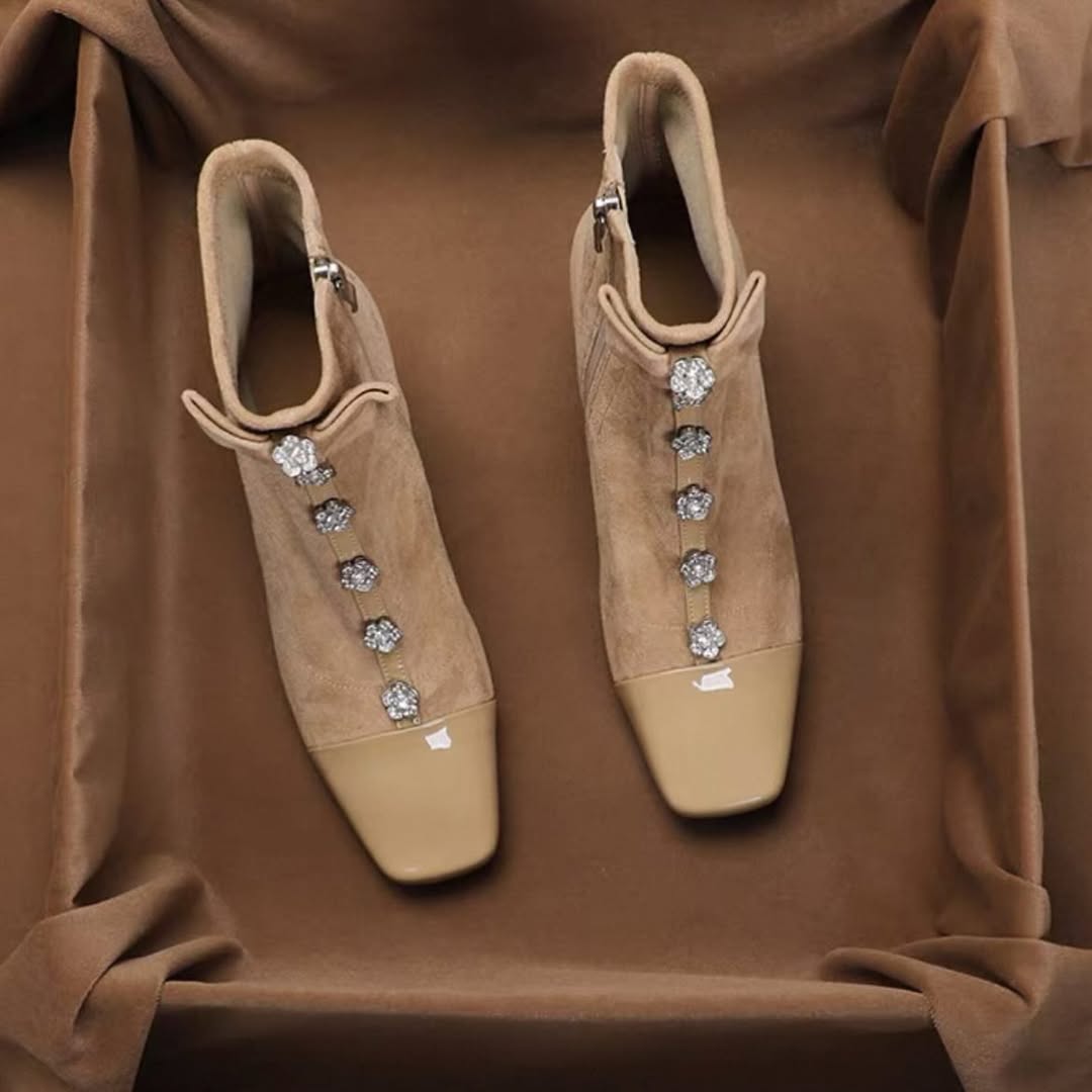 Bowknot rhinestone chunky heel ankle boots