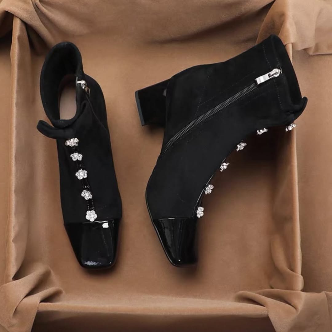 Bowknot rhinestone chunky heel ankle boots