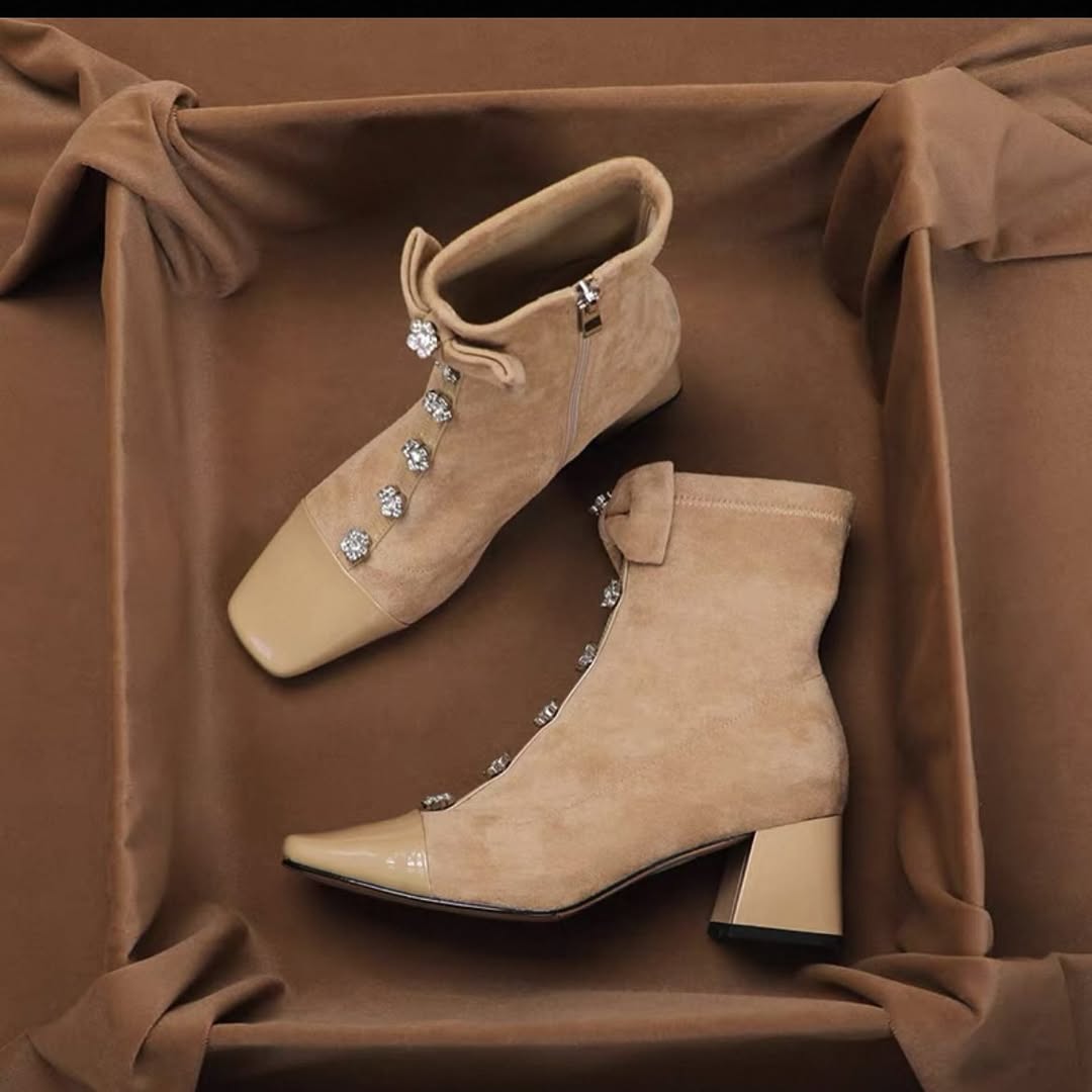 Bowknot rhinestone chunky heel ankle boots