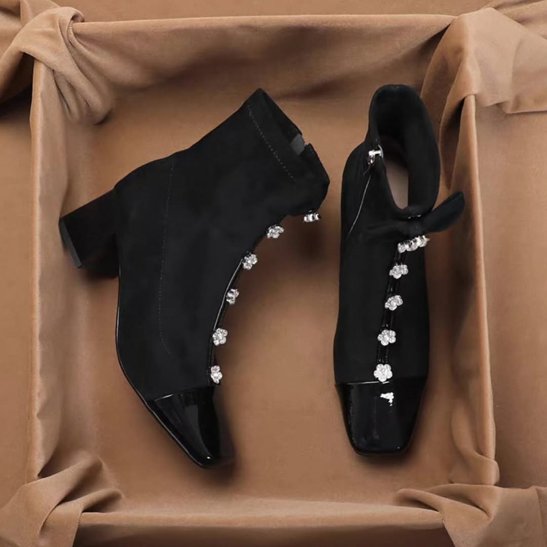 Bowknot rhinestone chunky heel ankle boots