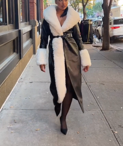 Women's thick fur collar long leather coat