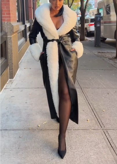 Women's thick fur collar long leather coat