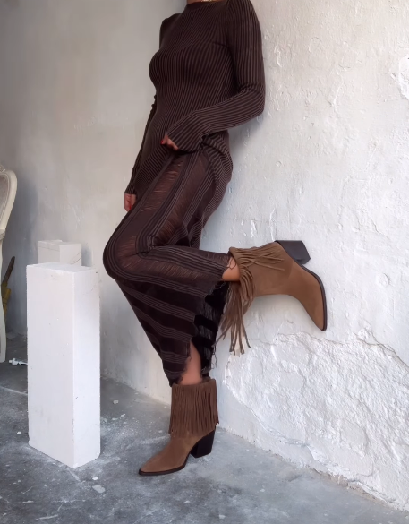 Women's suede tassel high-heeled boots