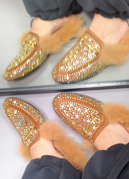 Rhinestone plush women slippers
