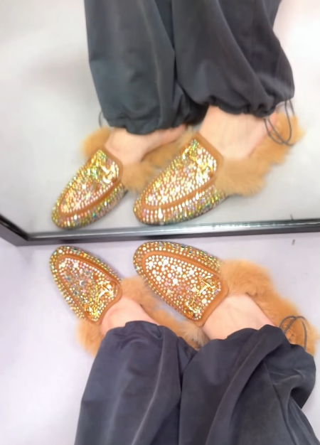 Rhinestone plush women slippers