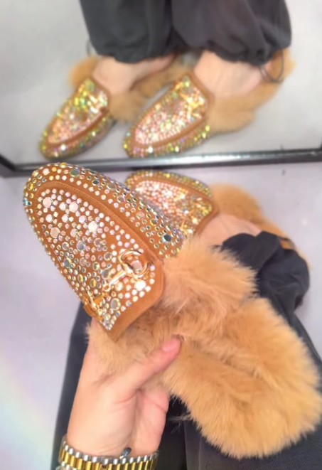 Rhinestone plush women slippers