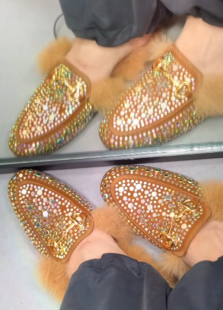 Rhinestone plush women slippers