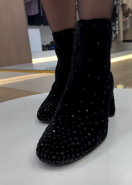 Black suede rhinestone zipper boots