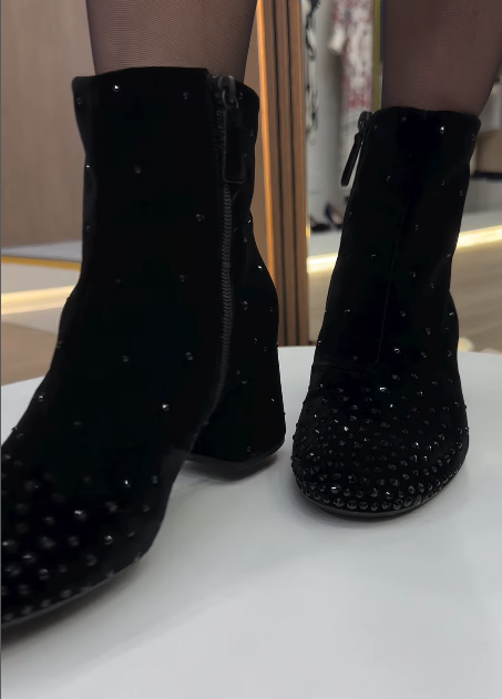 Black suede rhinestone zipper boots