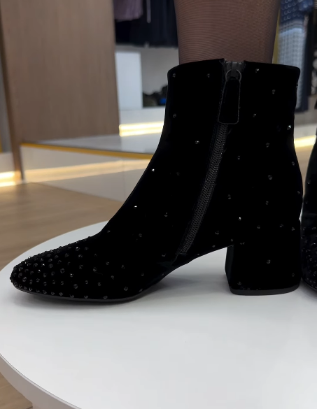 Black suede rhinestone zipper boots