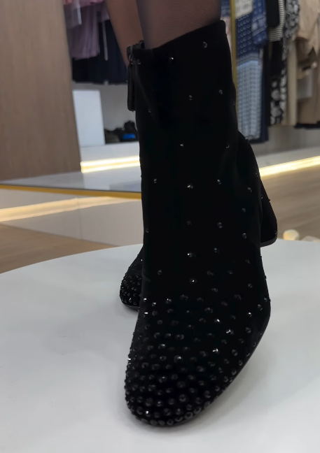 Black suede rhinestone zipper boots