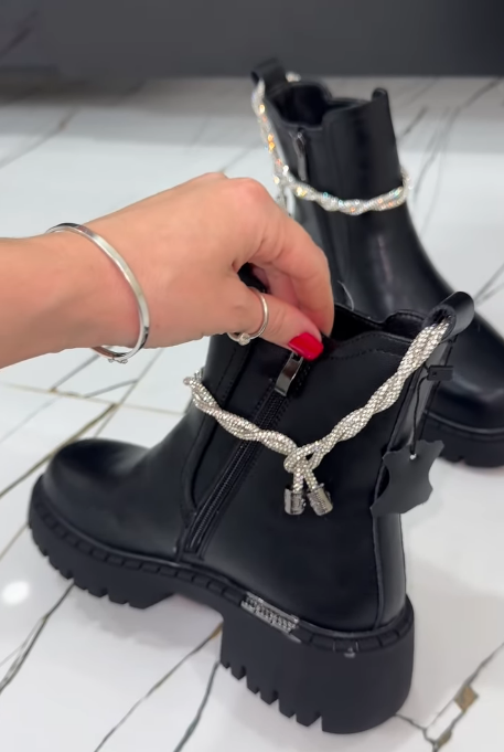 Rhinestone Leather Ankle Boots