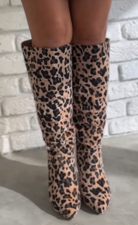 Leopard print high-heeled boots