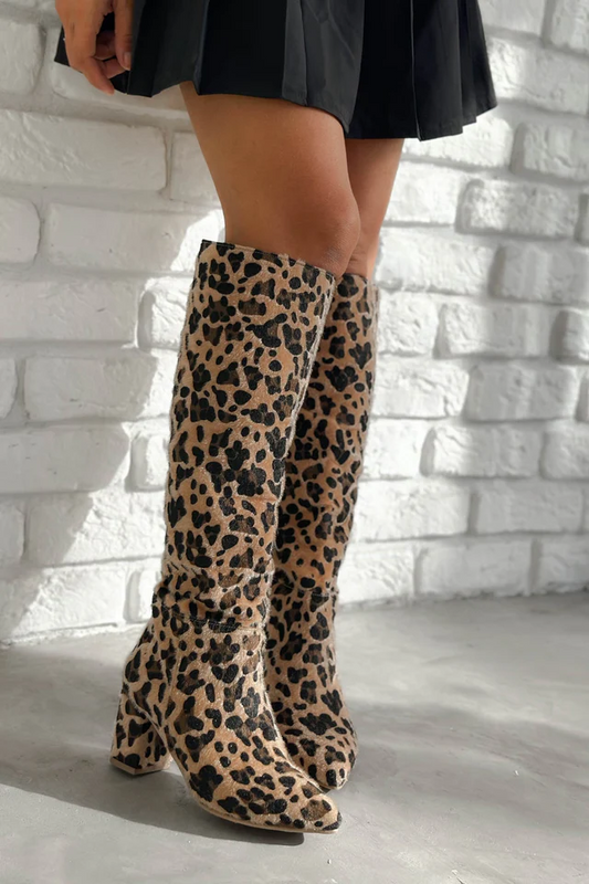 Leopard print high-heeled boots