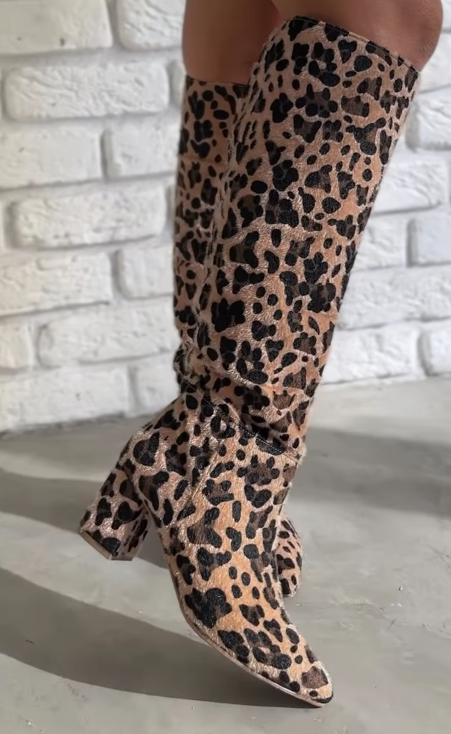 Leopard print high-heeled boots