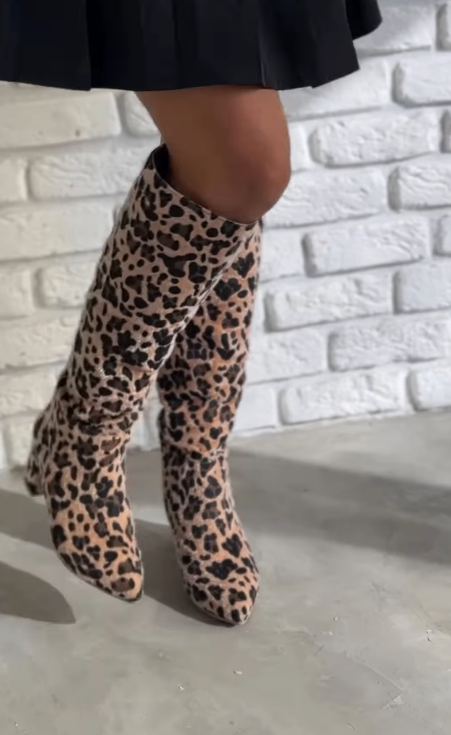Leopard print high-heeled boots