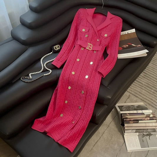 Elegant Knit Double-Breasted Coat Dress