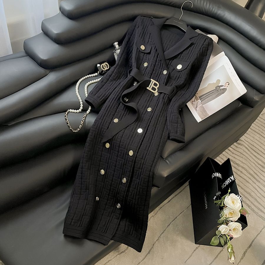 Elegant Knit Double-Breasted Coat Dress