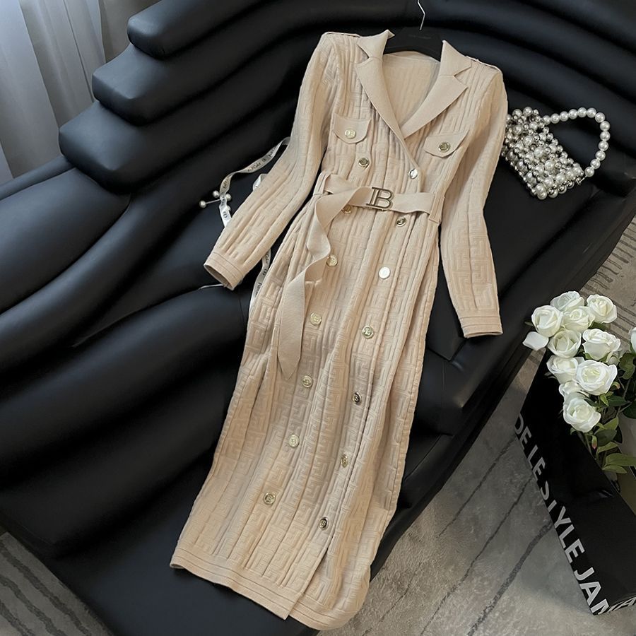 Elegant Knit Double-Breasted Coat Dress