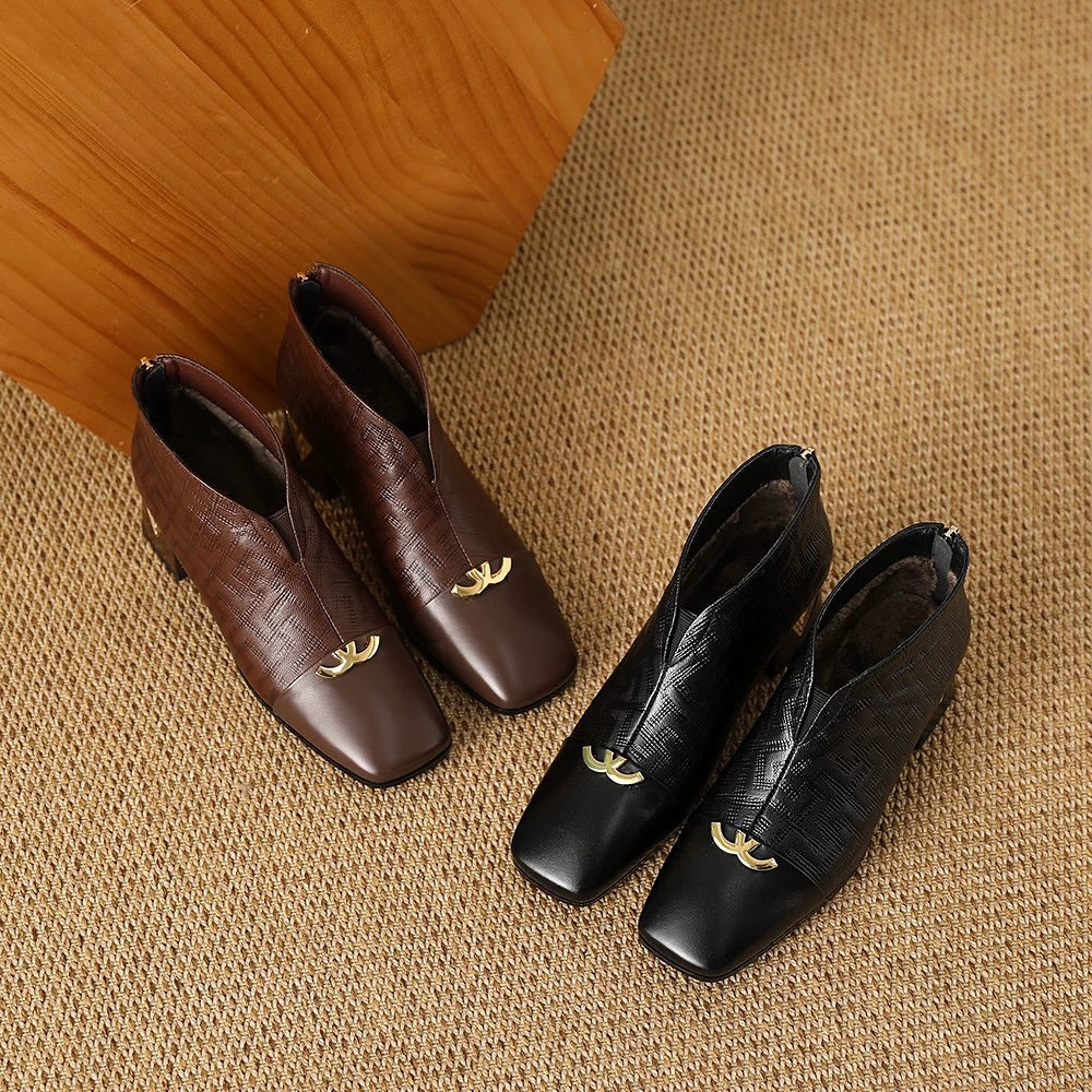 Soft Leather Low-Heeled Ankle Boots