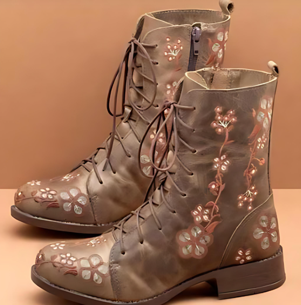 Women's embroidered flower lace-up boots