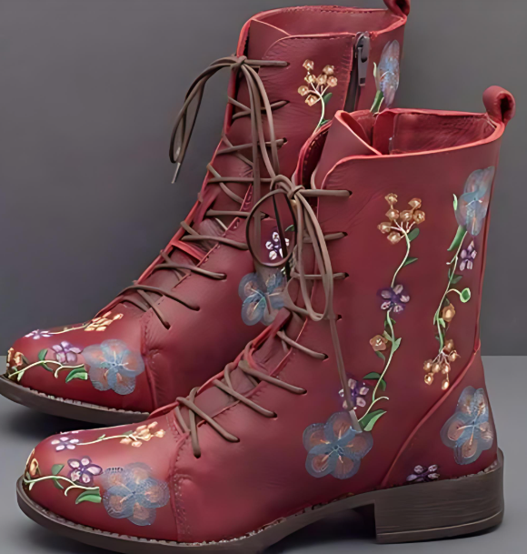 Women's embroidered flower lace-up boots