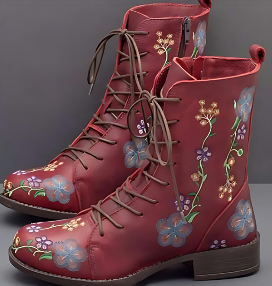 Women's embroidered flower lace-up boots