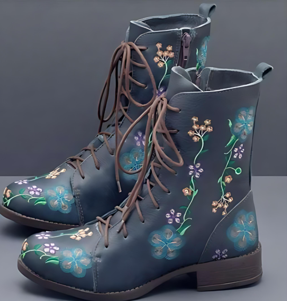 Women's embroidered flower lace-up boots