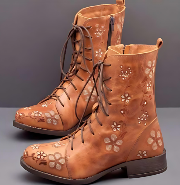 Women's embroidered flower lace-up boots