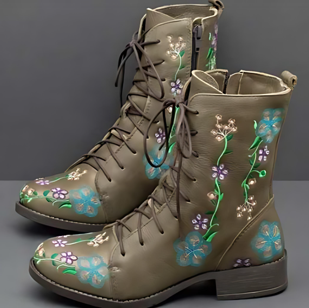 Women's embroidered flower lace-up boots