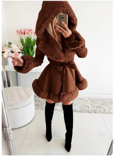 Women's warm lace-up fur patchwork hooded jacket