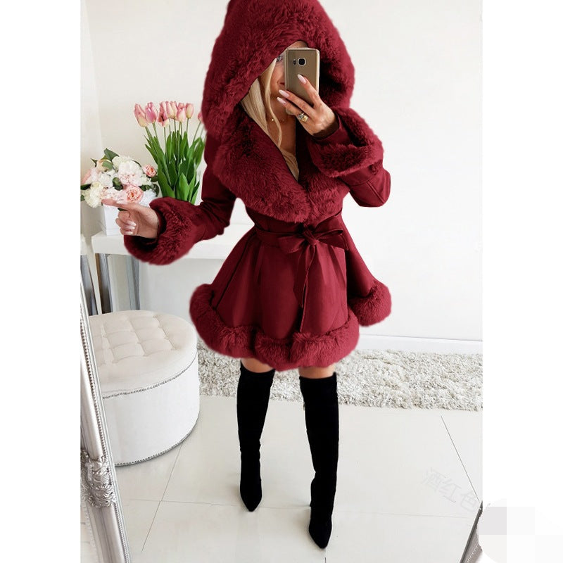 Women's warm lace-up fur patchwork hooded jacket