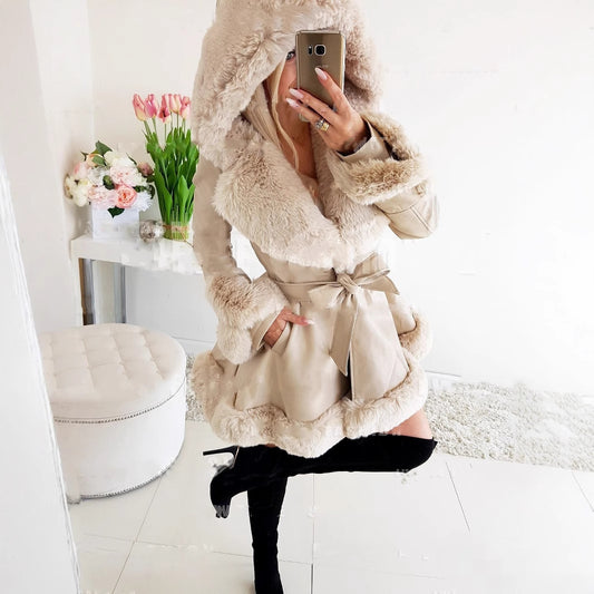 Women's warm lace-up fur patchwork hooded jacket
