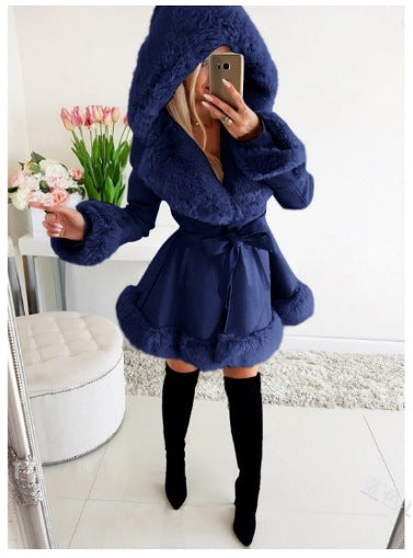 Women's warm lace-up fur patchwork hooded jacket