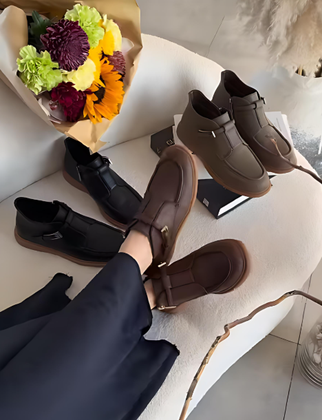 Soft leather metal buckle women's shoes