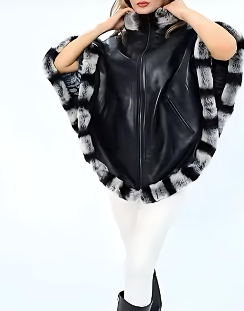 Women's Fur and Leather Patchwork Cape Coat