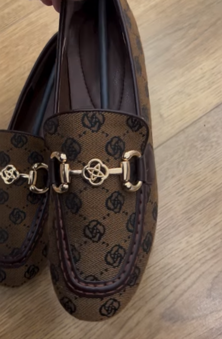 Brown floral print slip-on loafers