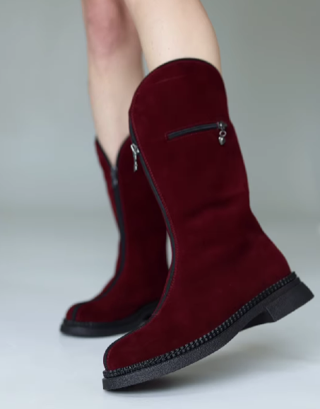 Wine Red Suede Zipper Boots