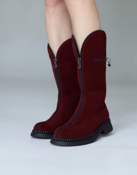 Wine Red Suede Zipper Boots