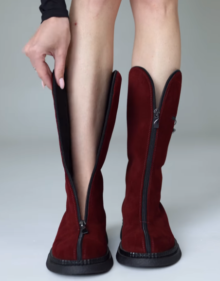 Wine Red Suede Zipper Boots