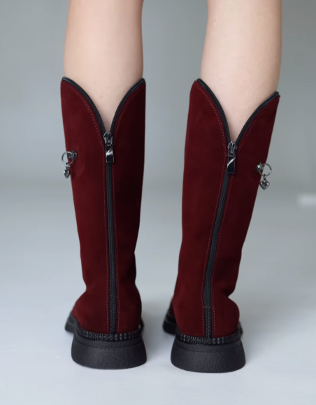 Wine Red Suede Zipper Boots