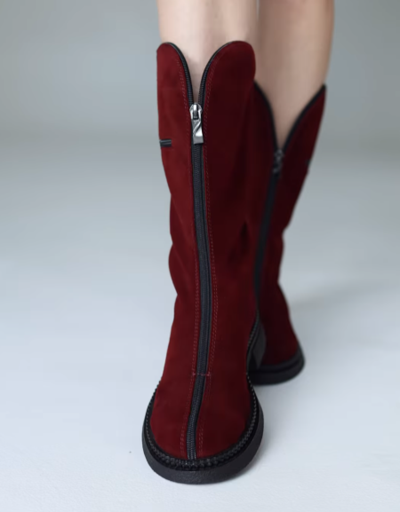 Wine Red Suede Zipper Boots