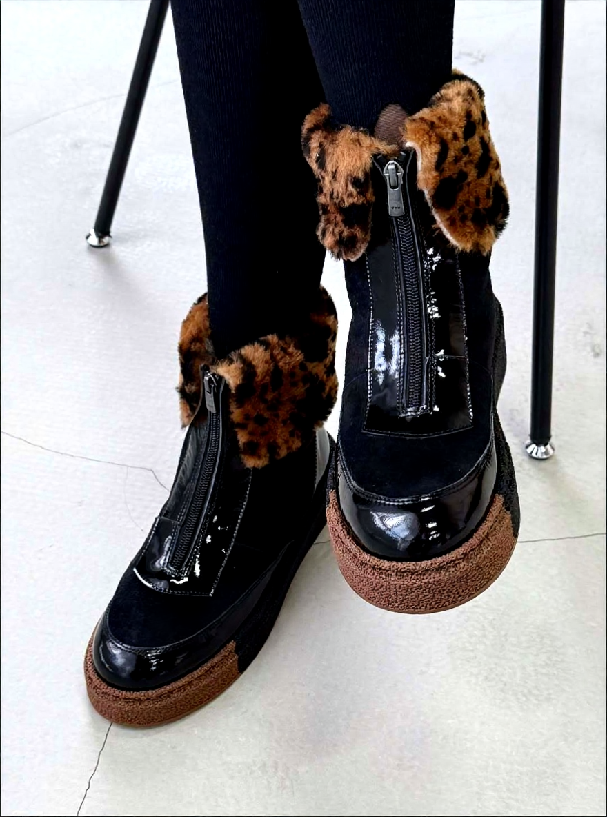 Leopard Print Fleece-Lined Zipper Ankle Boots