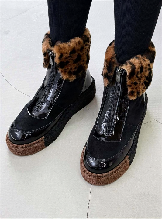 Leopard Print Fleece-Lined Zipper Ankle Boots