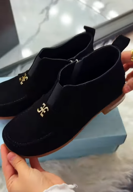 Black suede side zipper shoes